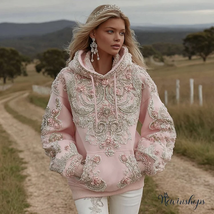 Women's Flower Embroidery Art Long Sleeve Casual Hoodie