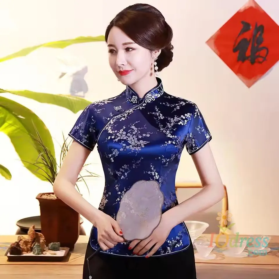IO Dress Vintage Flower Satin Shirt Women Chinese Traditional Blouse Summer Sexy Chinese Style Tang Clothes Button Down Qipao Female IO Dress
