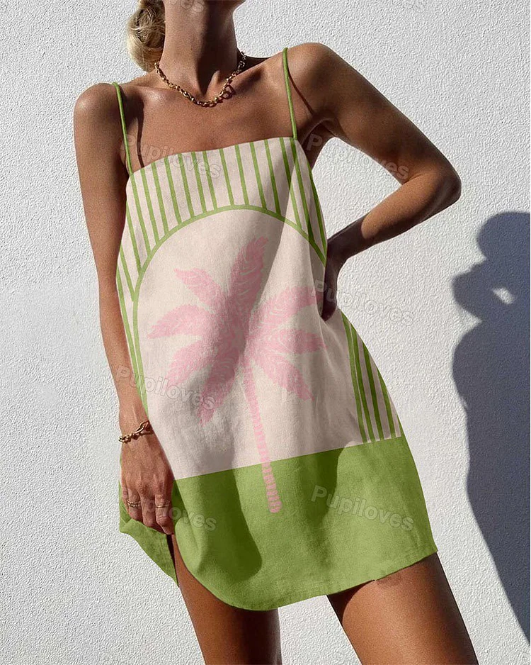 Pupiloves Pupiloves Fresh Coconut Tree Print Sling Mini Dress