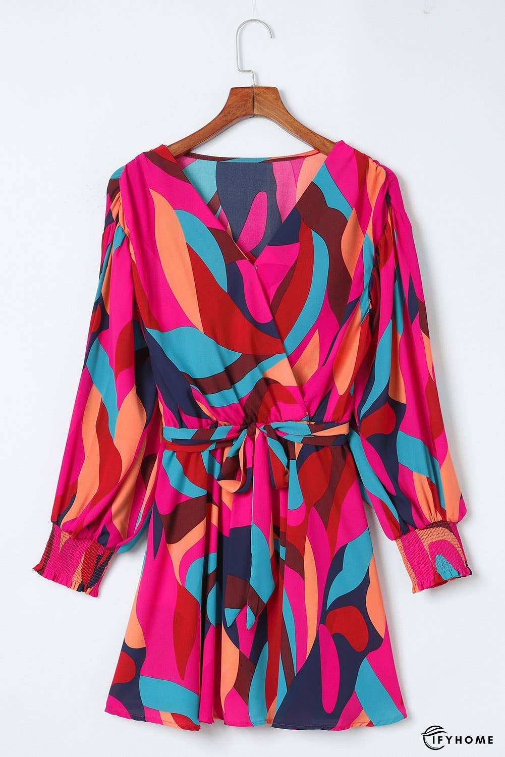 Abstract Printed Belted Puff Sleeve Mini Dress | IFYHOME