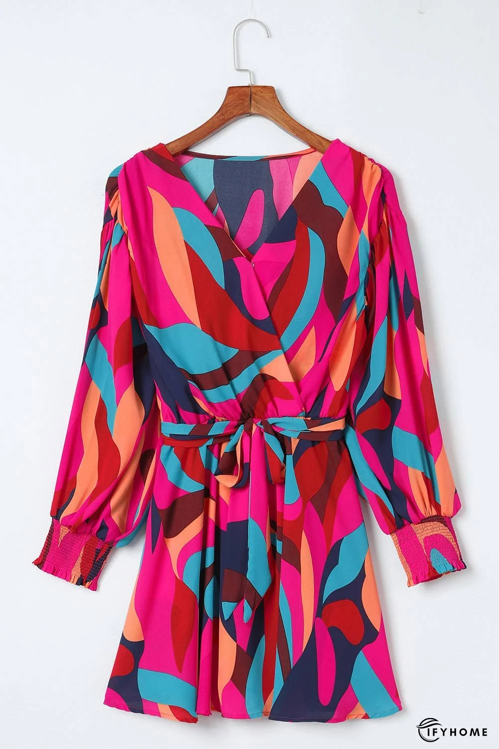 Abstract Printed Belted Puff Sleeve Mini Dress | IFYHOME