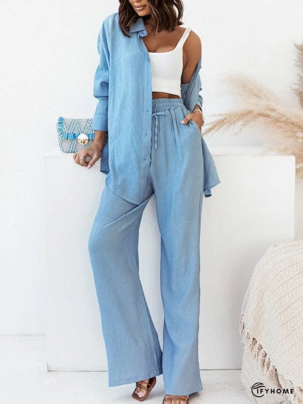 Solid Color Split-Joint High-Low Long Sleeves Buttoned Lapel Blouses Top + Drawstring Elasticity Pleated Pants Bottom Two Pieces Set | IFYHOME