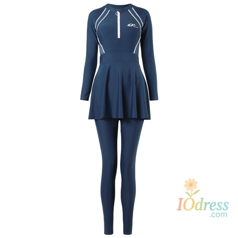 IO Dress Sport  Full Sleeve Zipper High-neck 1 Piece Swimsuit Women Swimwear Female Solid Surfing Bathing Suit  Long Pant With Skirt