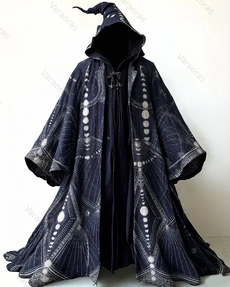 Men's fashionable hippie star and moon print cotton linen hooded cape  7942