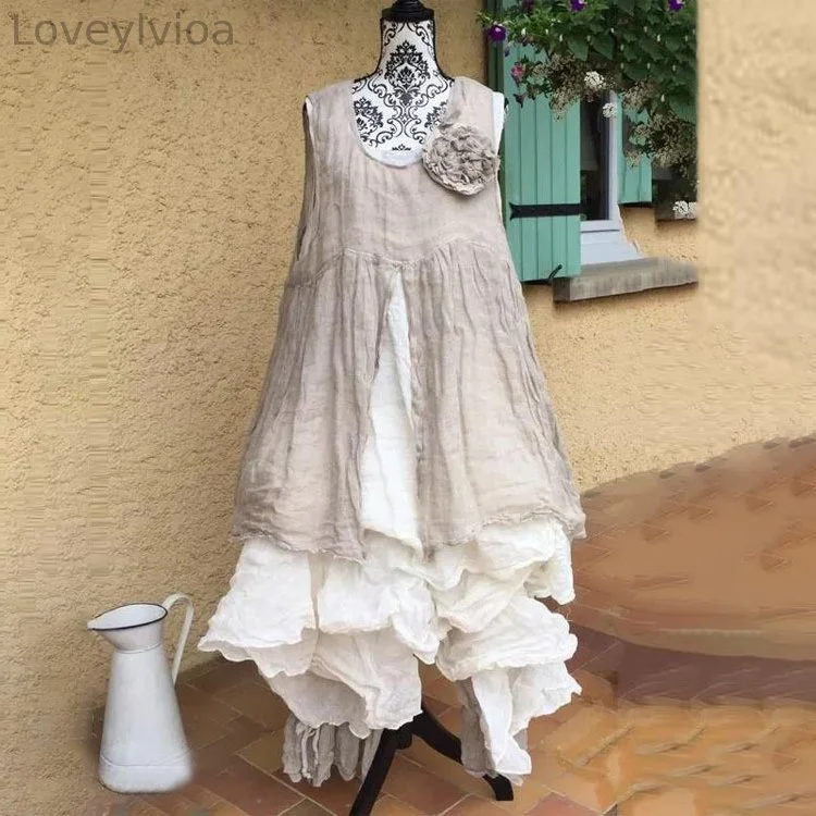 Retro U Neck Sleeveless Women's Casual Linen Maxi Dress