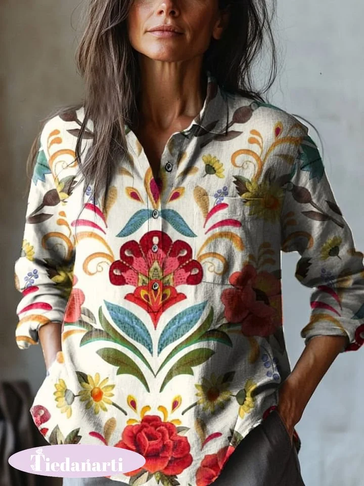Symmetrical Tropical Floral Pattern Printed Women's Casual Cotton And Linen Shirt