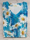Unisex Water Painting Daisy Print Round Neck Short Sleeve T-Shirt