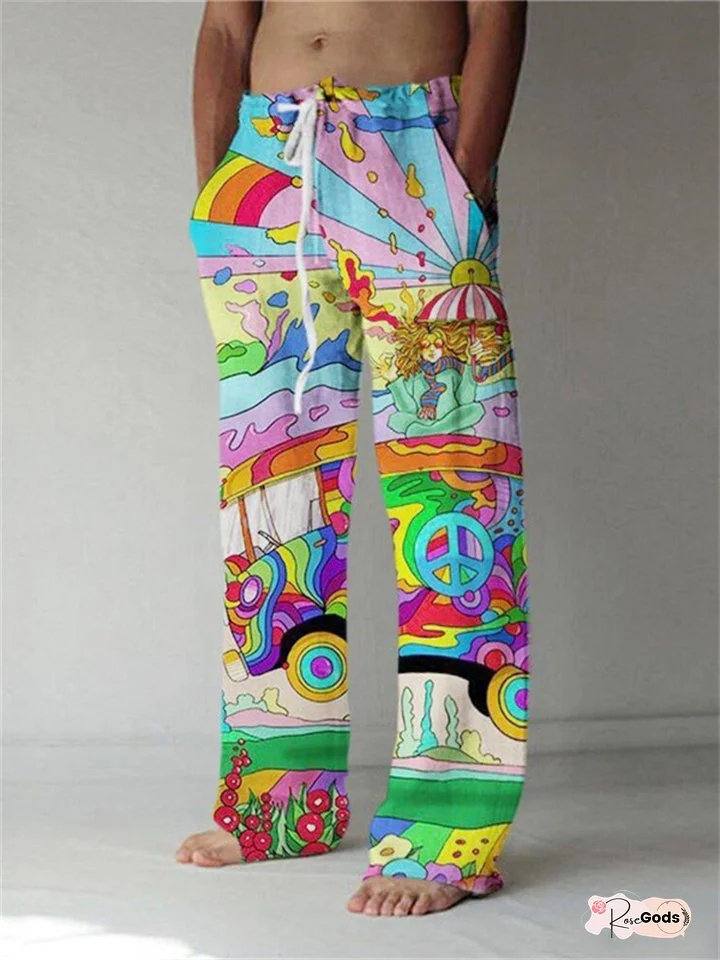 Men's Trousers Summer Pants Baggy Beach Pants Front Pocket Straight Leg Cartoon Graphic Prints Comfort Soft Casual Daily Fashion Streetwear Yellow Blue