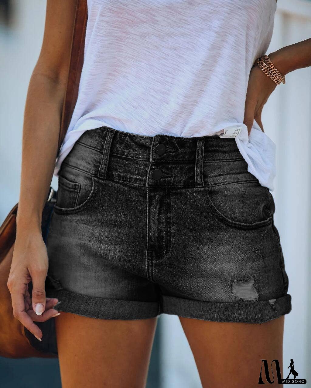 Women's Ripped Hem Elastic High Waist Denim Shorts