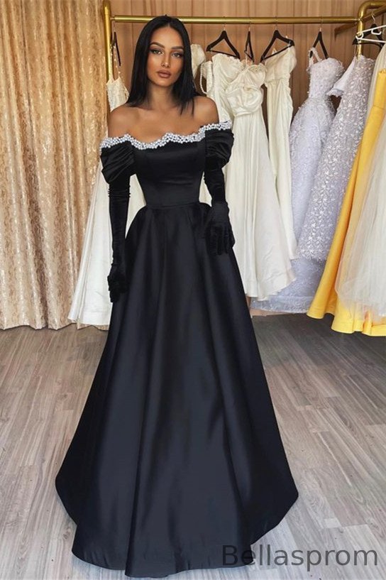 Bellasprom Off-the-Shoulder Black Prom Dress Long A-Line With pearls Bellasprom