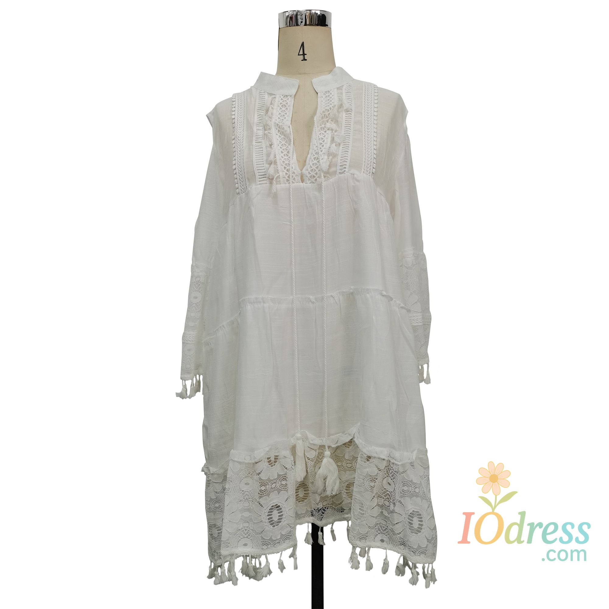 IO Dress New Spring Embroidery Crochet Lace Boho Dress Women Elegant Off Shoulder Tassel Ruffle Mini Dress Summer V Neck Lady Beach Dress IO Dress