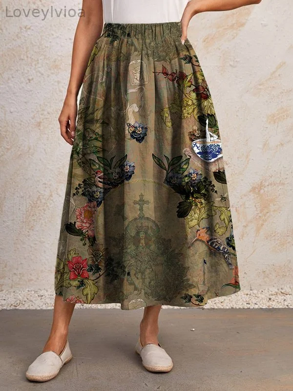 Women's Bohemian Bird Flowers Court Art Print Casual Skirt?