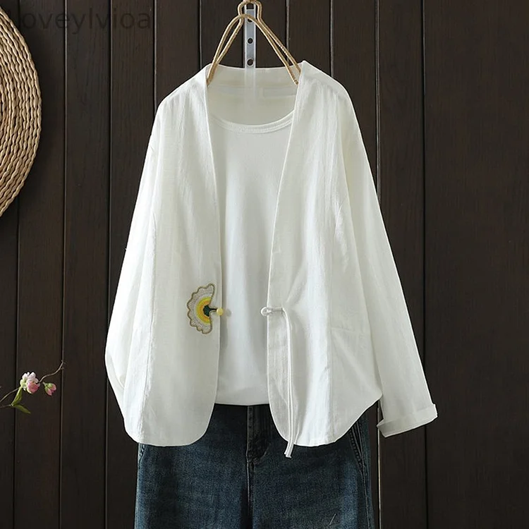 Women's Cotton And Linen Fan Embroidered Pearl Button Cardigan
