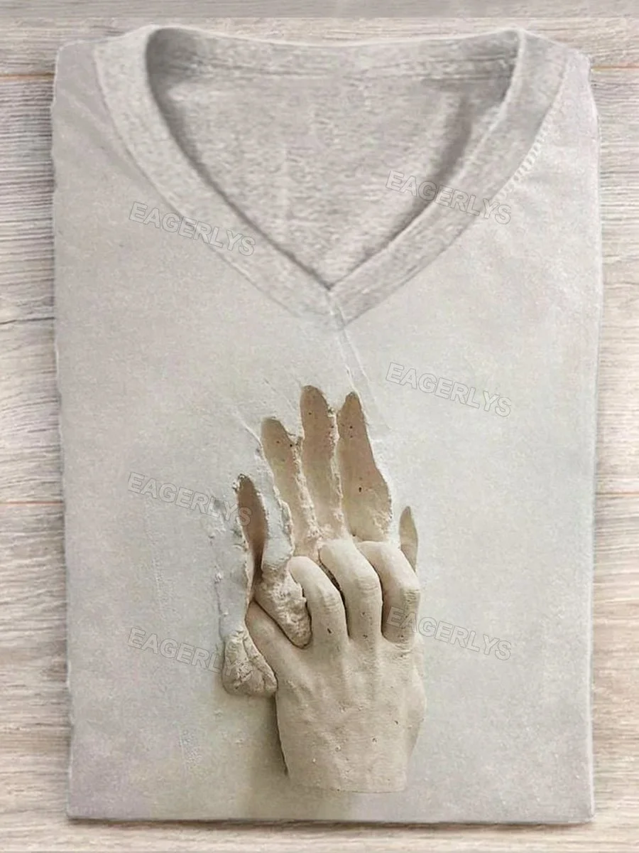 Eagerlys Unisex Hand Art Sculpture Graphic Print Casual V Neck Short Sleeve T-Shirt Eagerlys