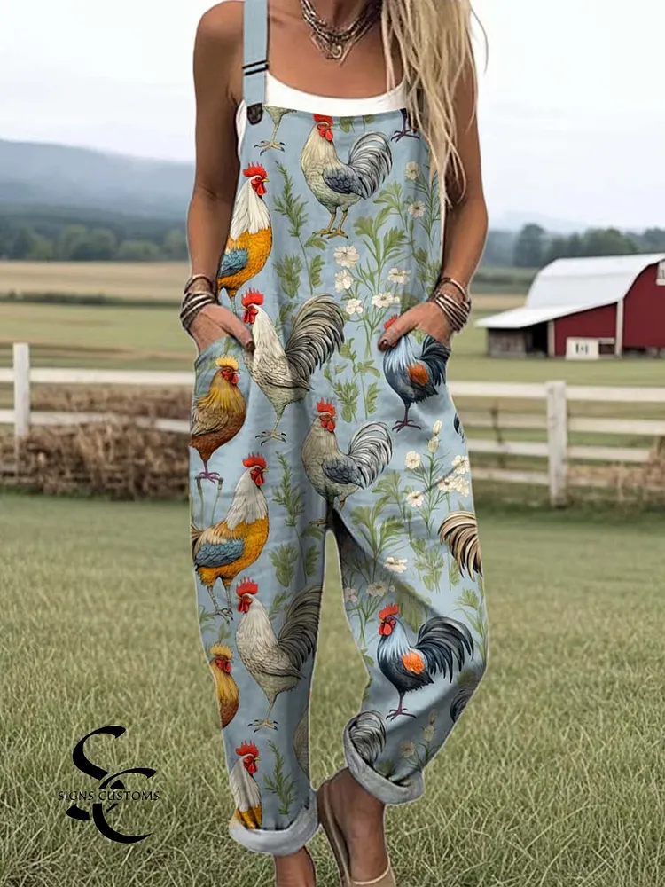 Women's Lovely Chicken Art Print Casual 100% Cotton Wide Leg Jumpsuit
