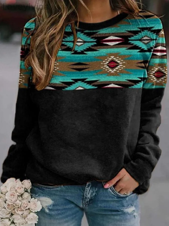 Women's retro western ethnic geometric print sweatshirt