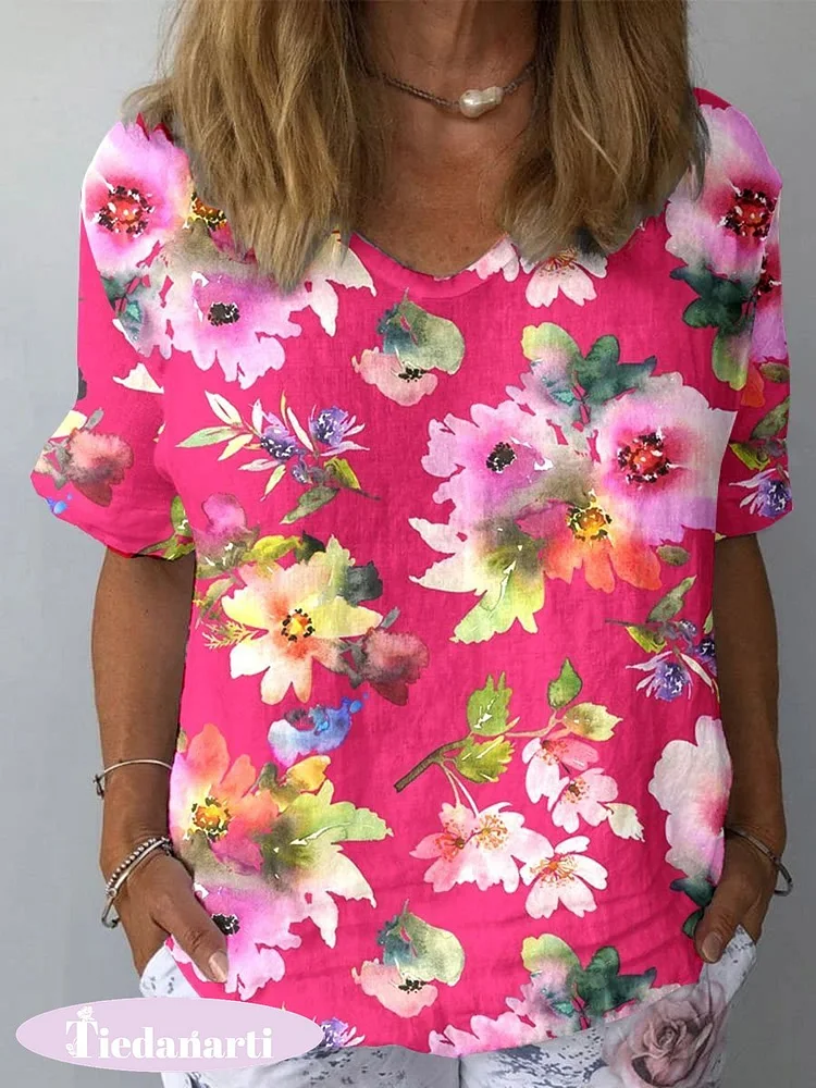 Women's Vintage Floral Art Print Casual Cotton And Linen Shirt
