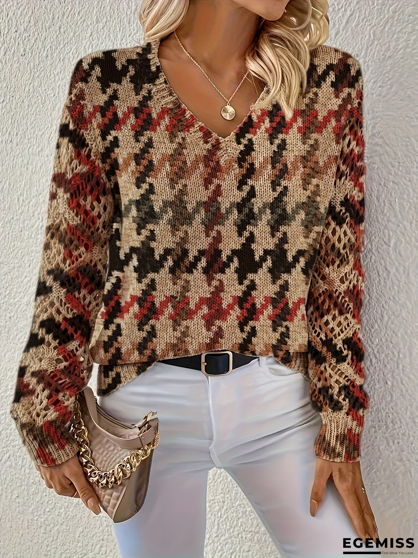 Women's Elegant V-Neck Sweater - All-Season Chic Pullover Sweater in Brown/Black/Beige/White/Gray/Blue/Red/ - Office, Party, Everyday Outfits - Women's Sweater for Year-Round Wear, Versatile Top, Bohemian Style, Durable Construction, Stylish Top | EGEMISS