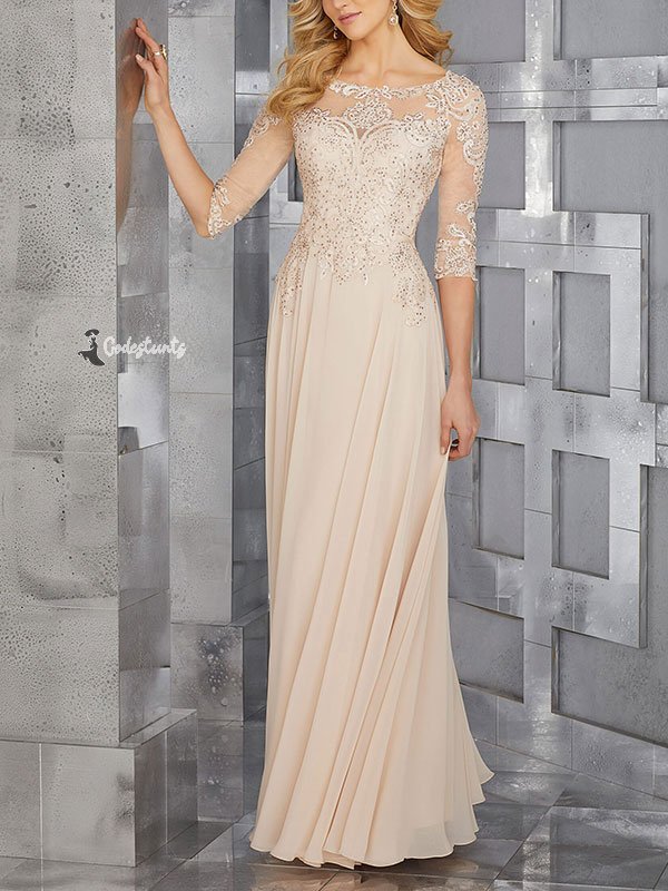 Chiffon Mother of the Occasion Gown with Beaded Bodice and 3/4 Illusion Sleeves