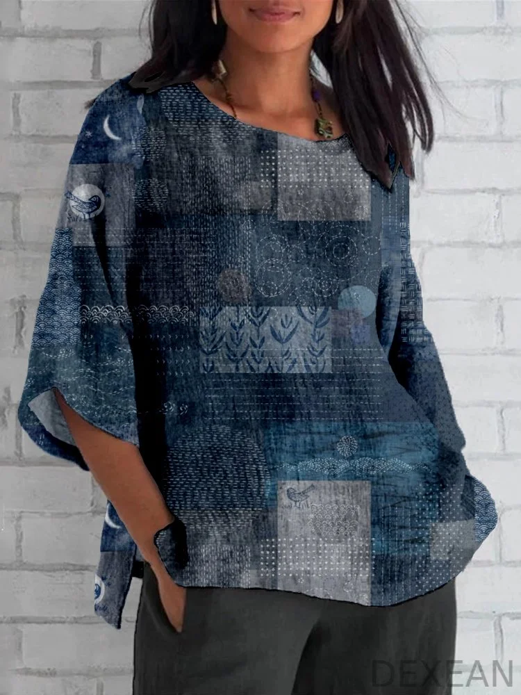 Japanese Traditional Sashiko Art Linen Blend Comfy Tunic
