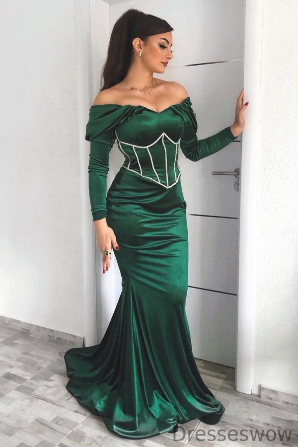 Dresseswow Emerald Green Long Sleeves Evening Dress Off-the-Shoulder Lace-up