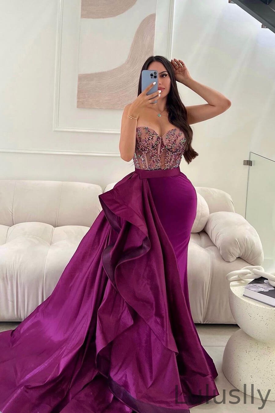 Luluslly Purple Sweetheart Sleeveless Mermaid Evening Dress With Beadings Ruffles
