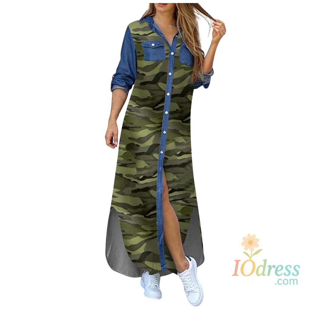 IO Dress New Autumn Long Dress Long Sleeve Shirt Dress Women Denim Long Dresses Pocket Button Shirt Print Dress Casual Loose Dresses 2023 IO Dress