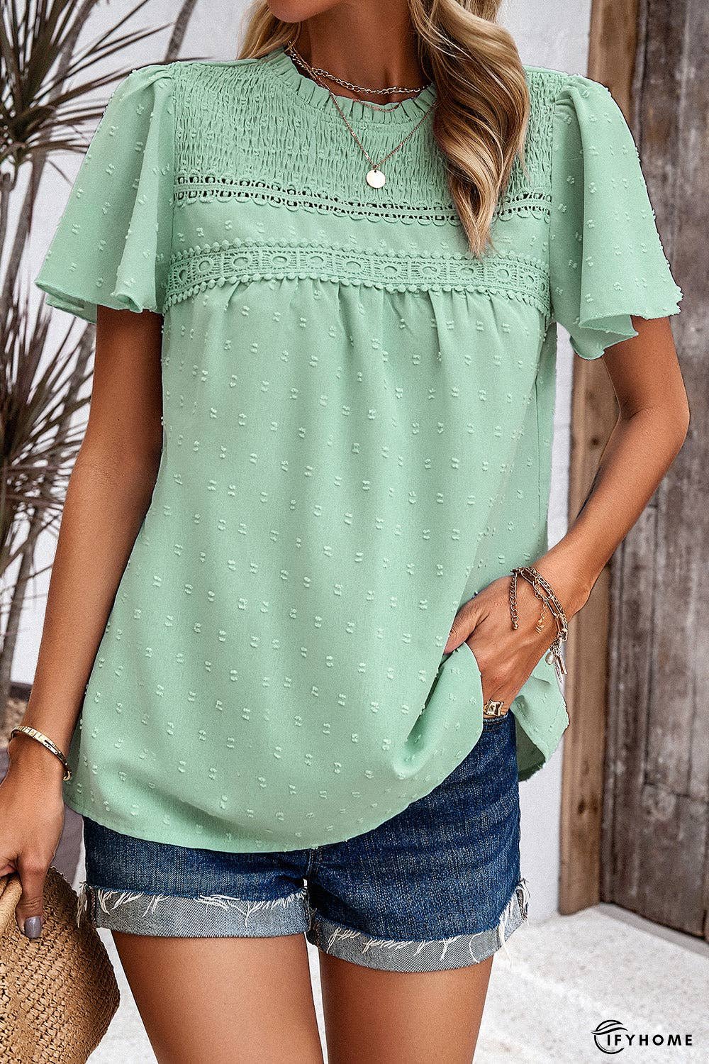 Swiss Dot Smocked Round Neck Short Sleeve Blouse | IFYHOME