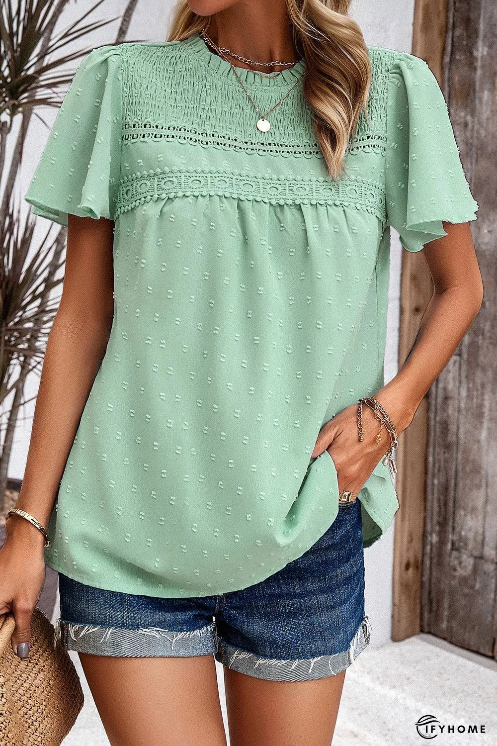 Swiss Dot Smocked Round Neck Short Sleeve Blouse | IFYHOME