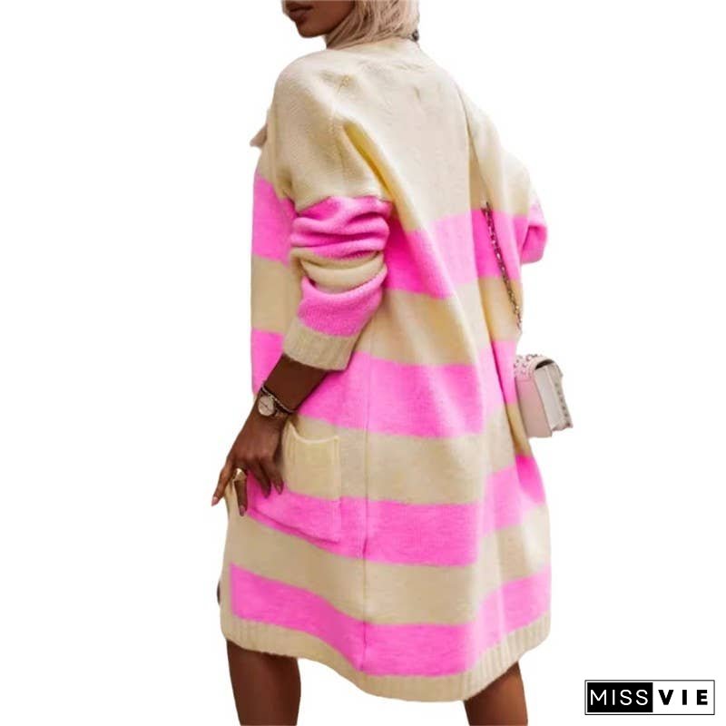 Loose-Fitting Color Block Long Knit Cardigan Sweater
