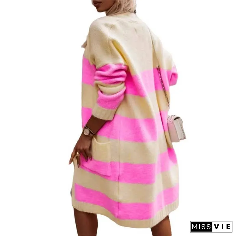 Loose-Fitting Color Block Long Knit Cardigan Sweater