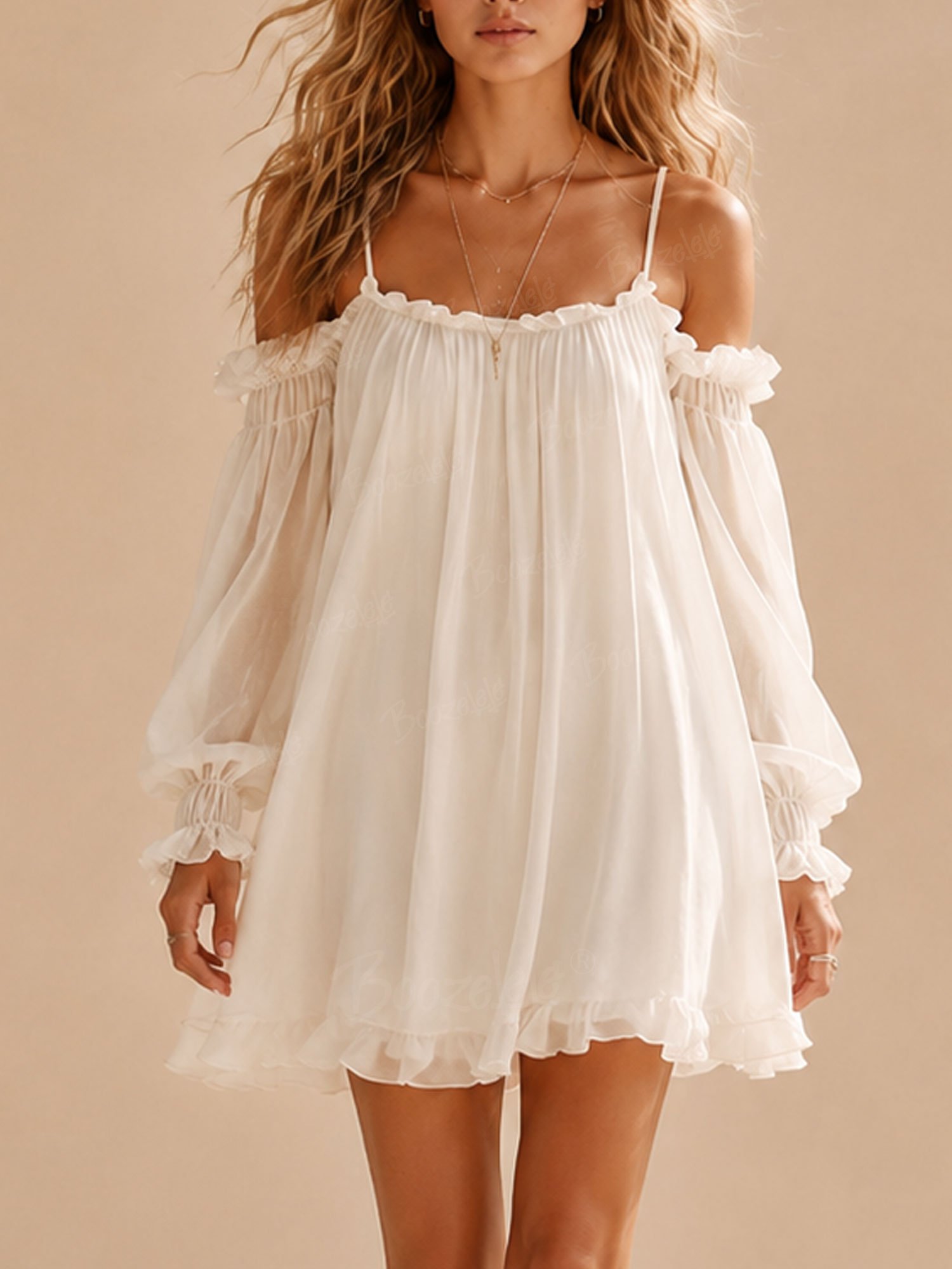 French Romantic Garden Party &mdash; Ethereal Ivory Ruffle Trim Flowy Oversized Smocked-Cuff Short Mini Dress