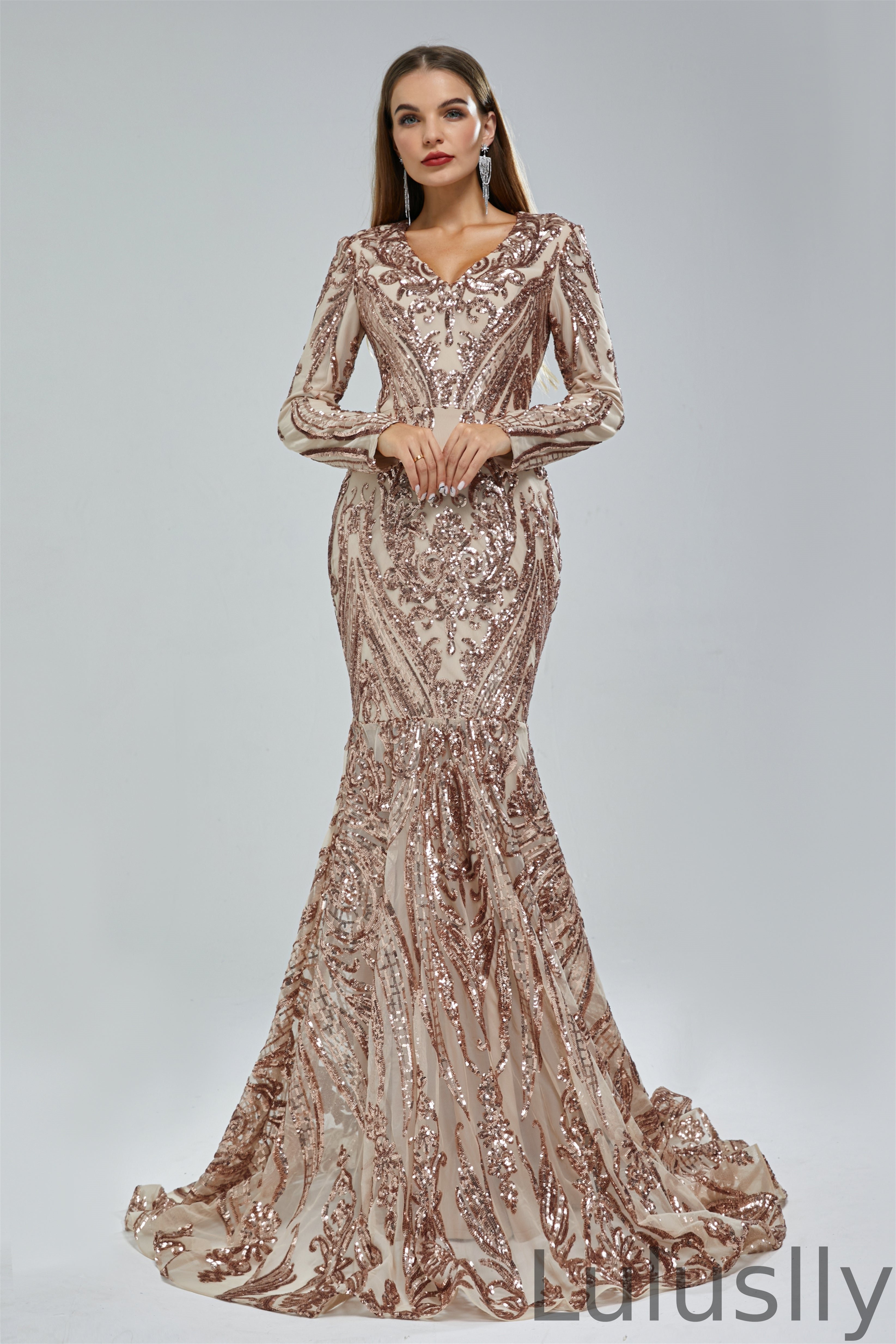Luluslly V-Neck Mermaid Prom Dress Long Sleeves Sequins Long