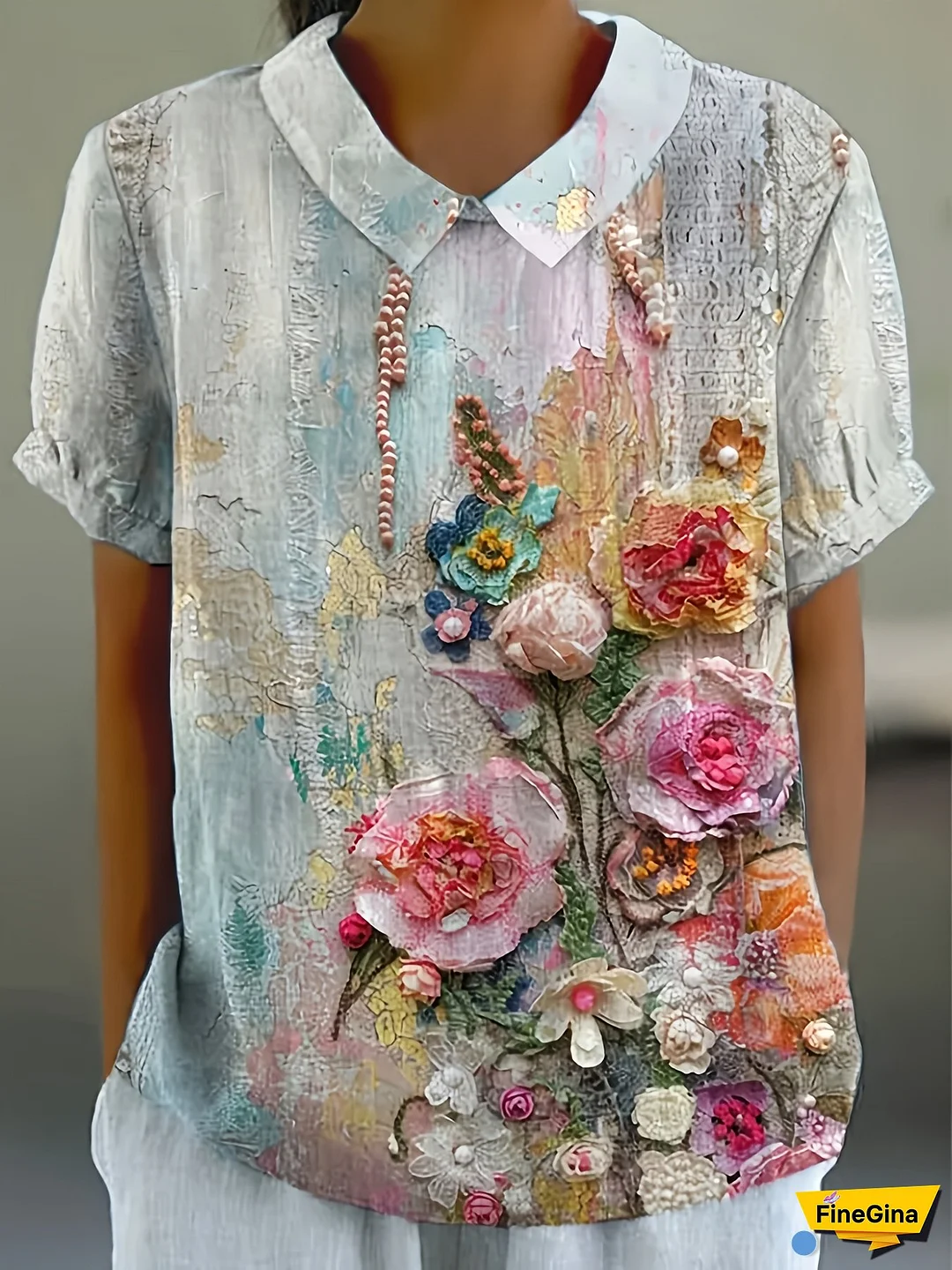[Feminine Blouse] Lightweight Polyester Women's Floral Print Short Sleeve Blouse | Lapel Collar and Button Details - Feminine Lapel Style Button-Up Top for Spring/Summer Vacation Wear