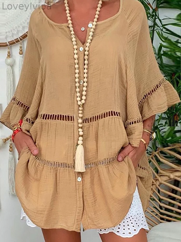 Mid Sleeve Cotton And Linen V-Neck Shirt Dresses