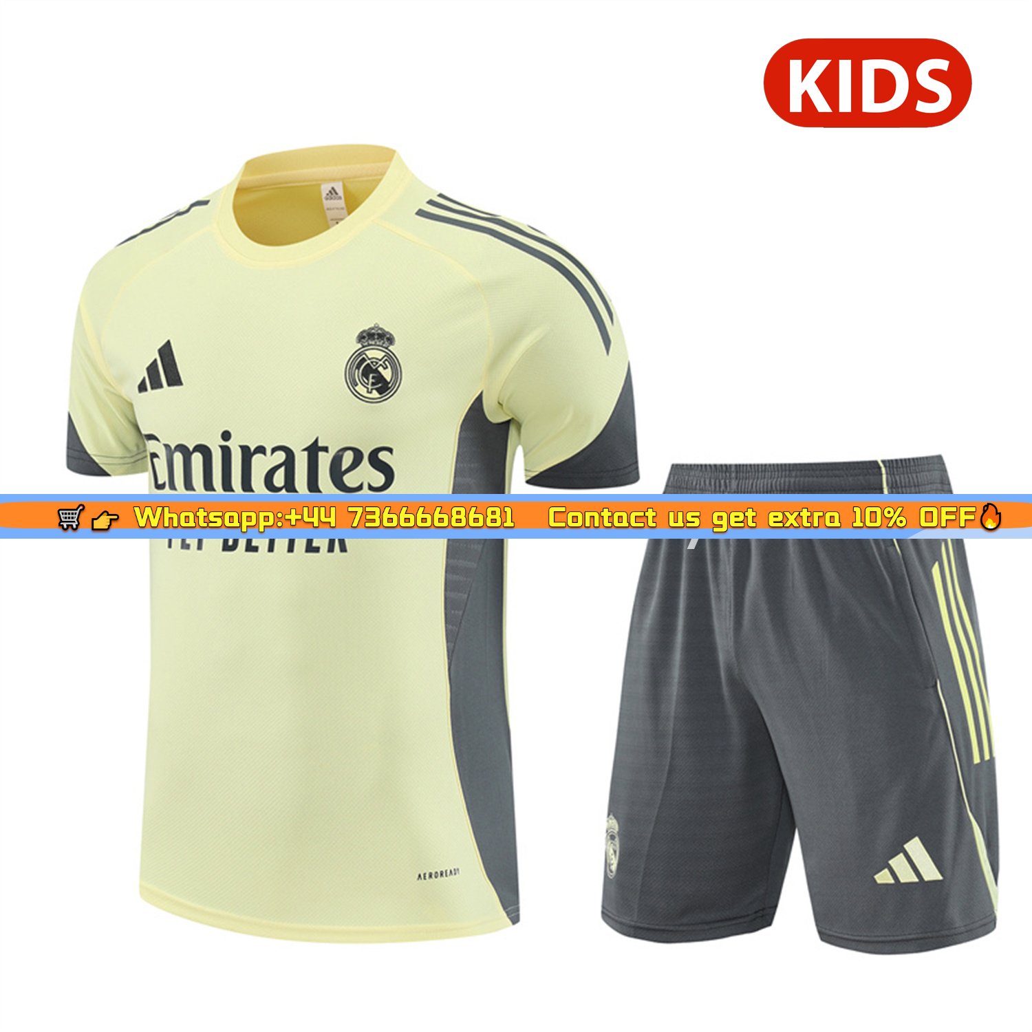 Real Madrid 25-26 Kids Short-Sleeve Training Set - Yellow Top and Grey Shorts