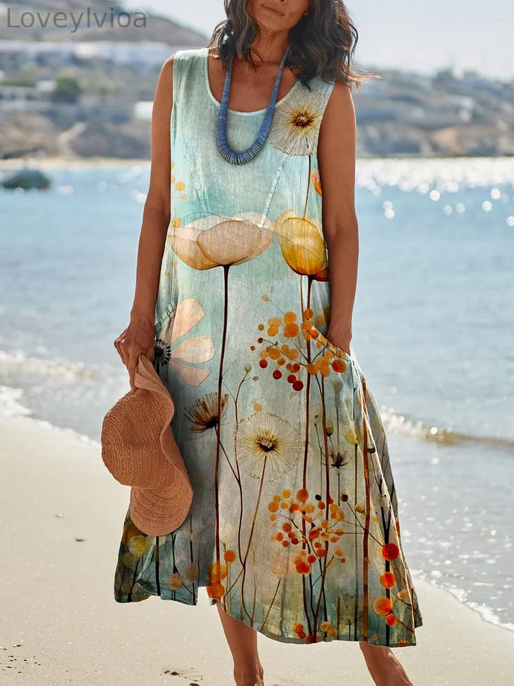 Women's Elegant Flowers Art Print Casual Pocket Pinafore Linen Dress