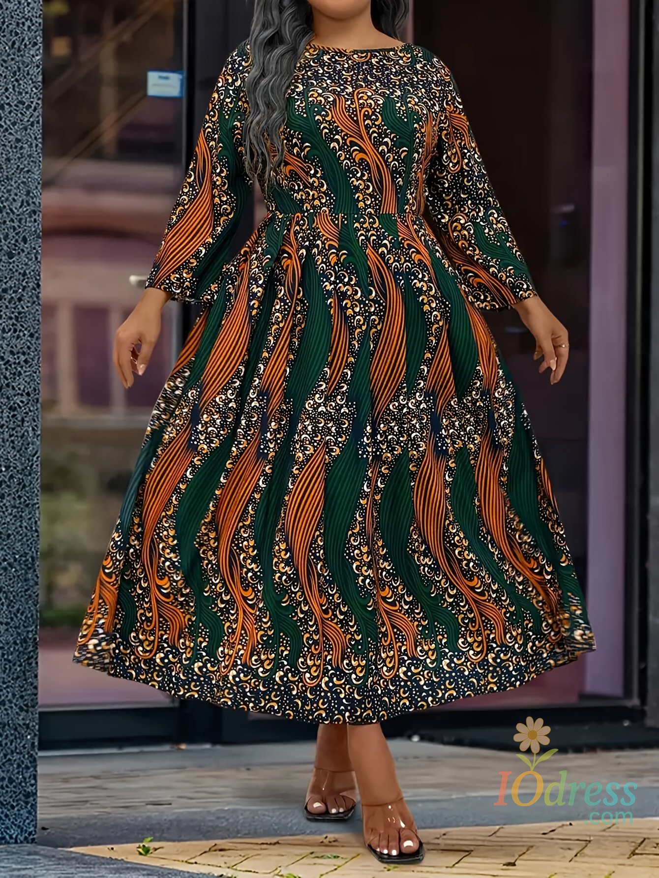 IO Dress Plus size dress 1XL-5XL African tribal nationality printed large round neck long sleeve A-line skirt elegant fashion holiday IO Dress
