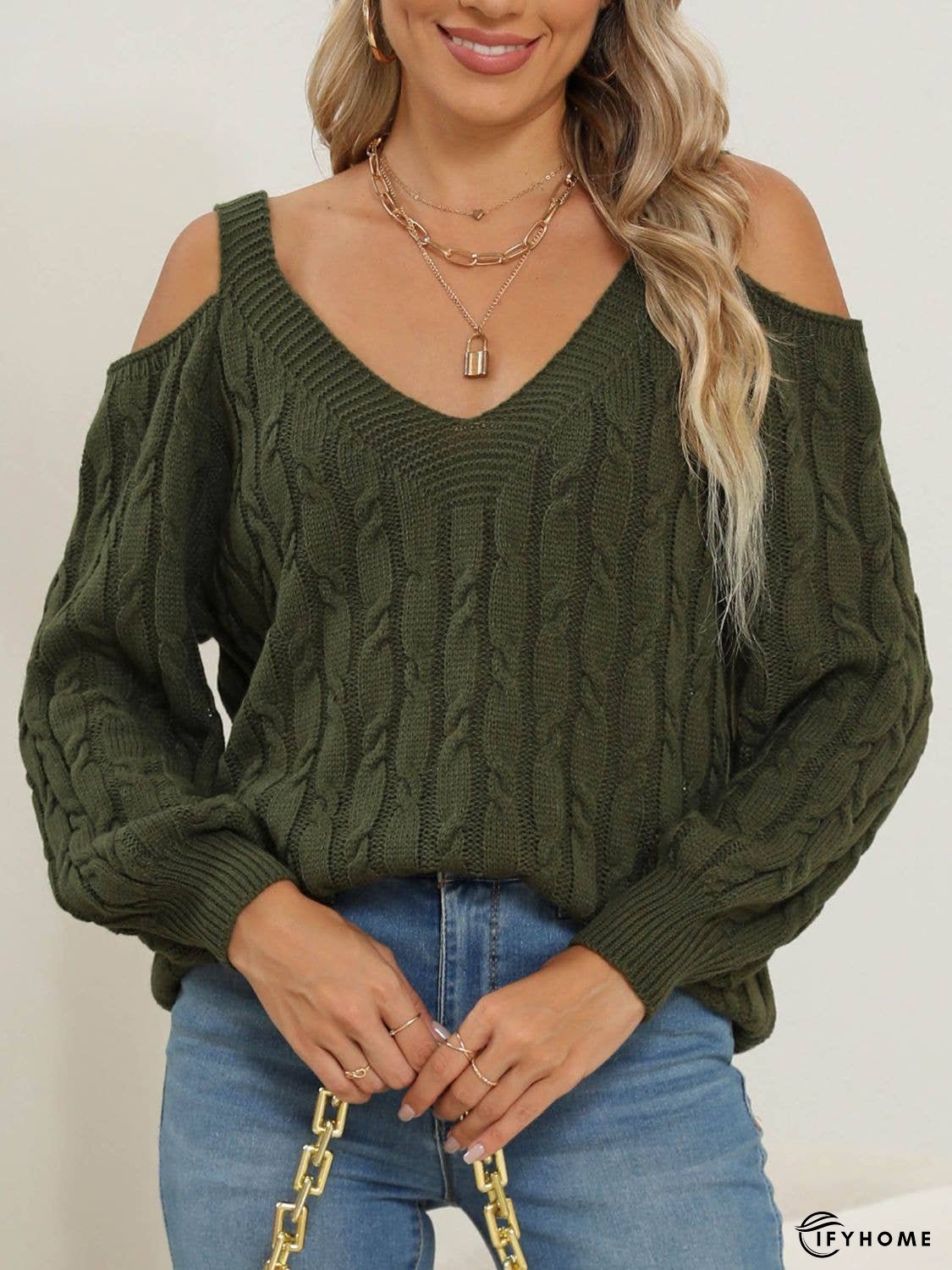 Cable-Knit V-Neck Long Sleeve Sweater | IFYHOME