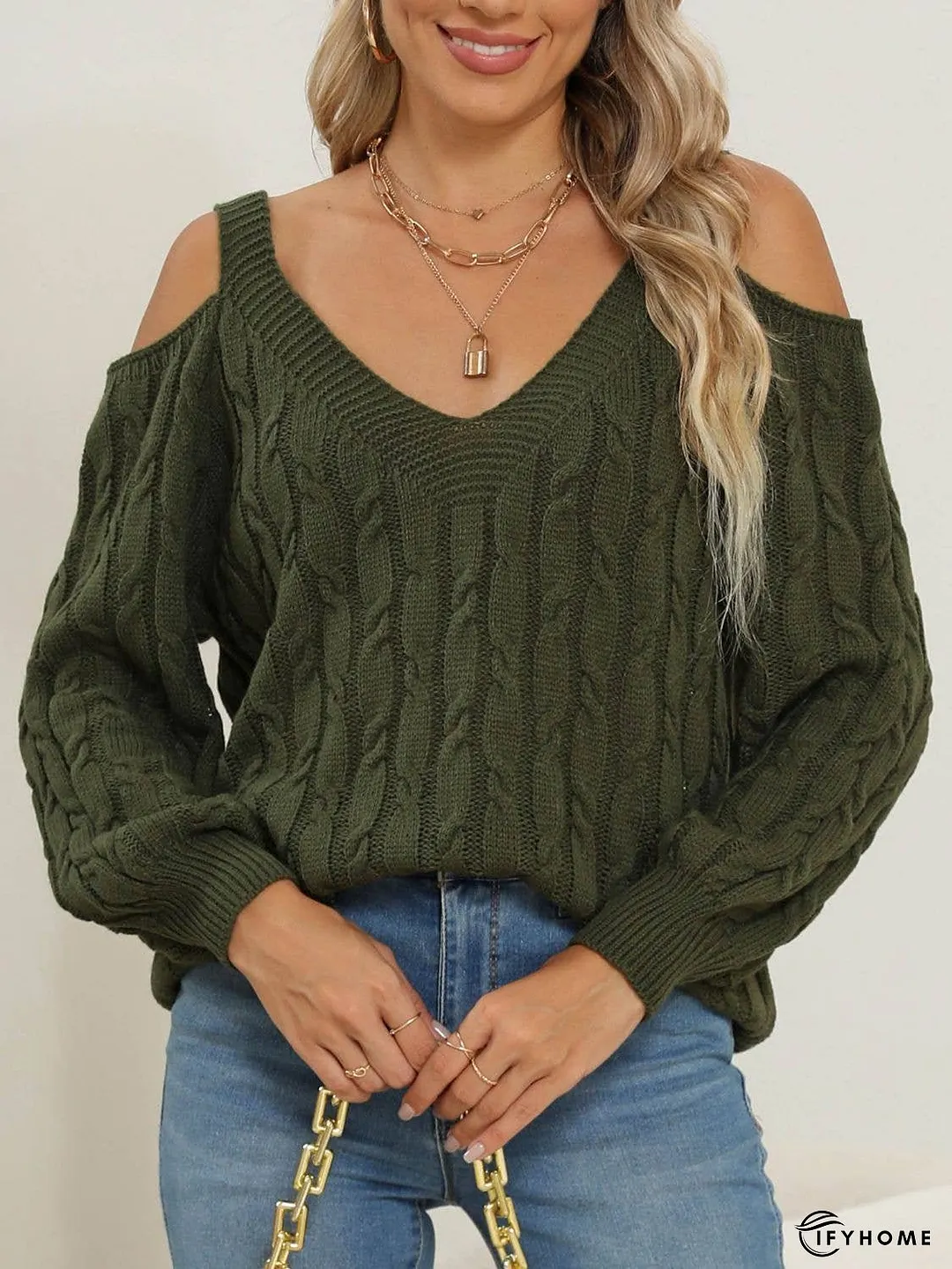Cable-Knit V-Neck Long Sleeve Sweater | IFYHOME