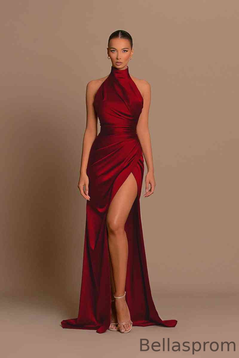 Bellasprom High Neck Sleeveless Prom Dress Mermaid Slit Long With Pleats Bellasprom