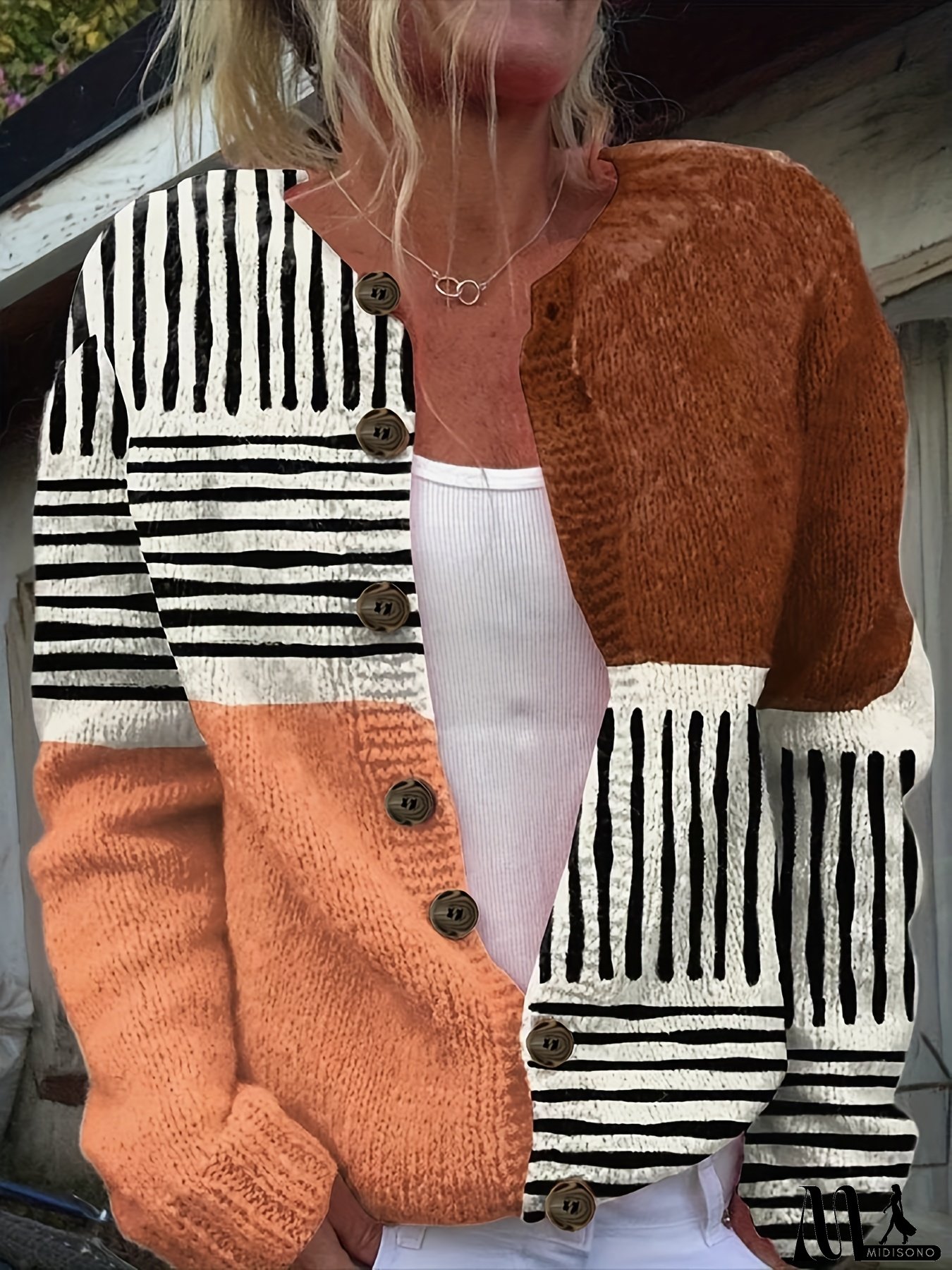 [Elegant Digital Print Cardigan] Elegant Lightweight Women's Digital Print Cardigan | Long Sleeve Open Front Sweater with Button Detail, Black & White Stripes & Orange Accents, Spring/Fall Casual to Dressy Tops