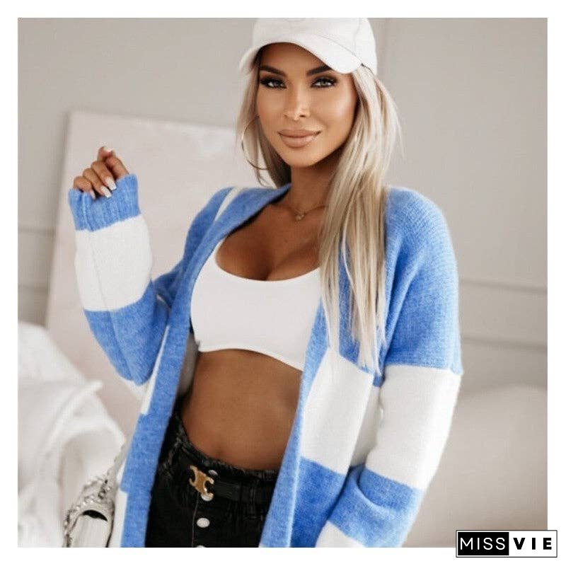 Loose-Fitting Color Block Long Knit Cardigan Sweater