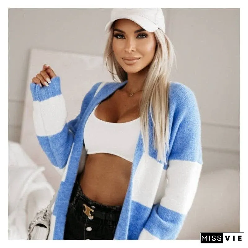 Loose-Fitting Color Block Long Knit Cardigan Sweater