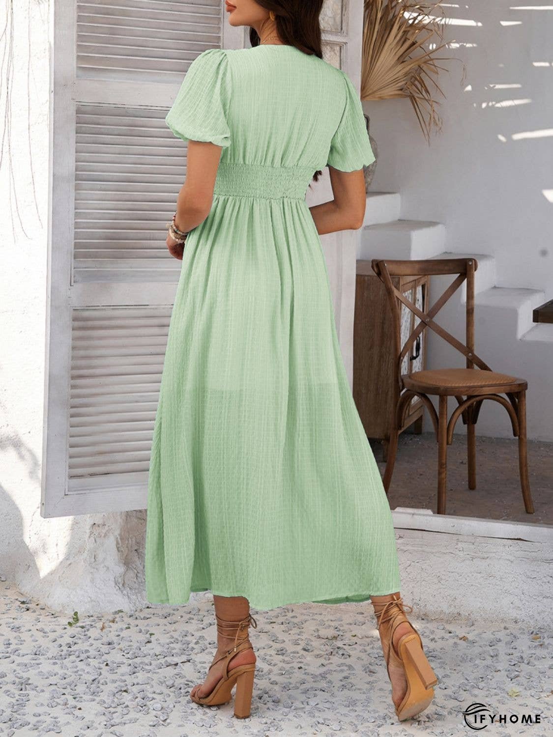 Devine V-Neck Puff Short Sleeve Midi Dress | IFYHOME