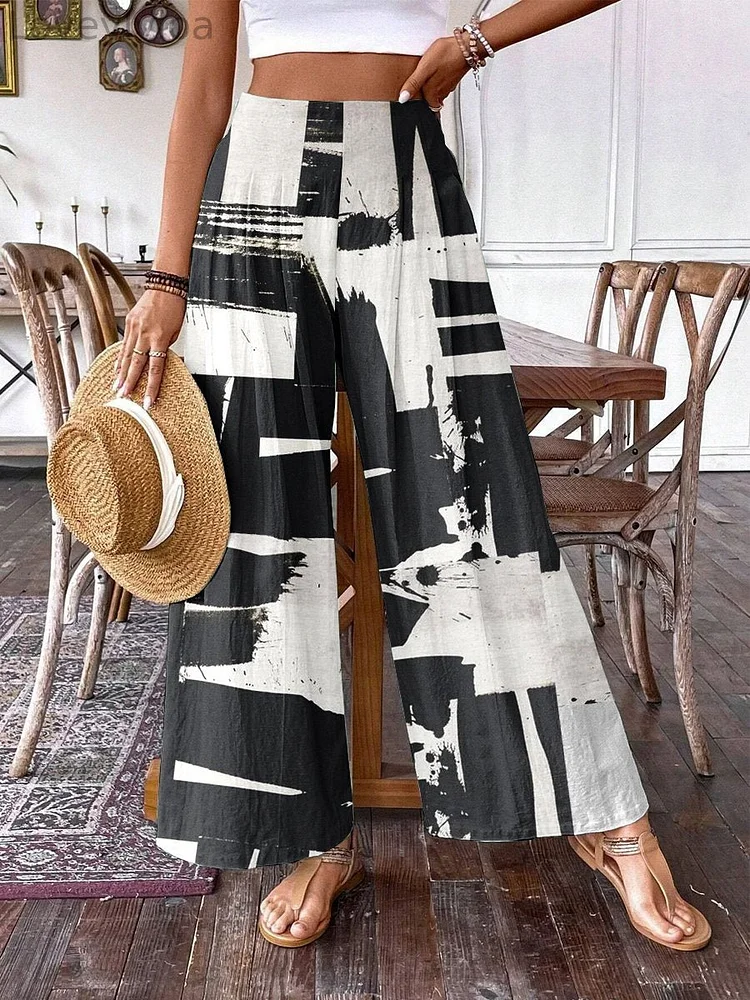 Women's Retro Abstract Geometric Art Flower Wide Leg Pants