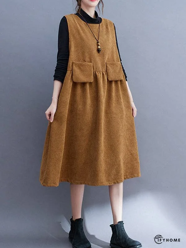 Artistic Retro Loose Sleeveless Solid Color Round-Neck Midi Dresses | IFYHOME