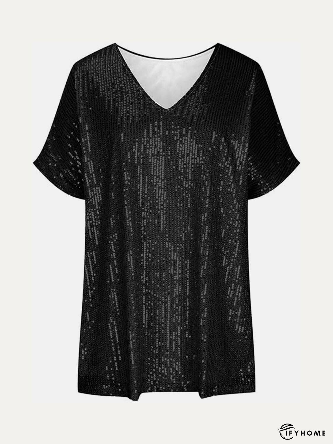 Full Size Sequin V-Neck Short Sleeve Top | IFYHOME