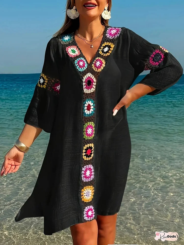 Women's Plus Size Bohemian Handmade Crochet & Patchwork V-Neck Maxi Dress - Loose Flowy Bell Sleeve Long Sleeve A-Line Beach Cover-Up, Machine Washable Vacation Dress With Boho Style & Vibrant Colors For Casual To Formal Events