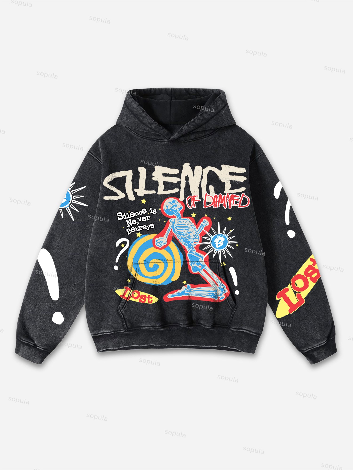 Retro Silence Of Damned Skull Oversized Graphic Acid Wash Hoodie